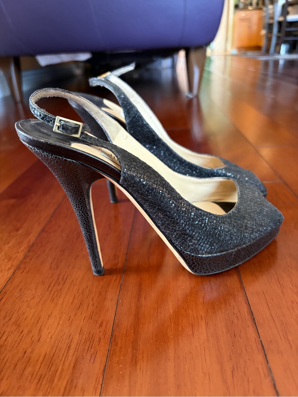 Jimmy Choo Black Glitter Slingback Peep-Toe Heels